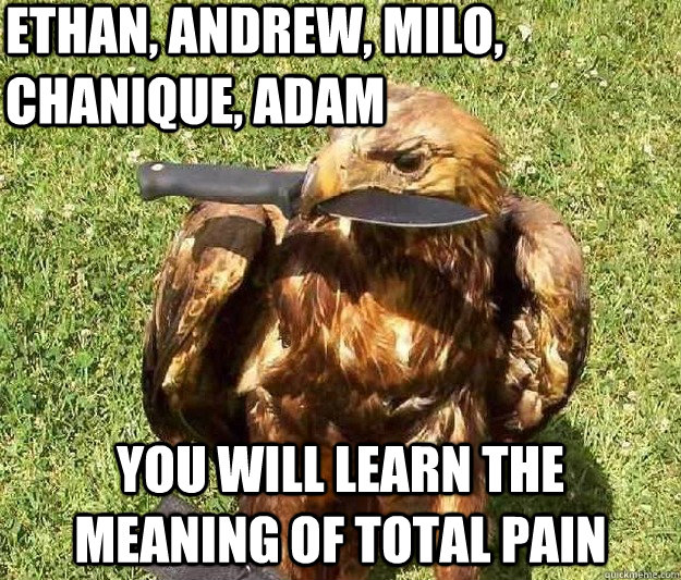 Ethan, andrew, milo, chanique, adam you will learn the meaning of total pain  