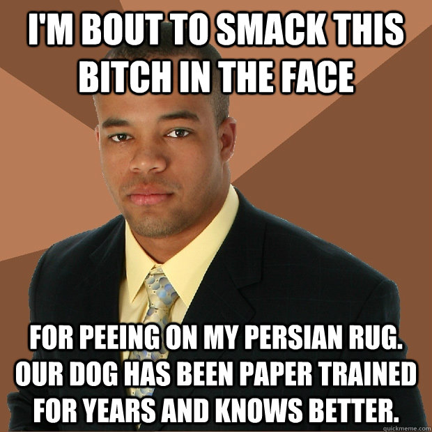 I'm bout to smack this bitch in the face for peeing on my Persian rug. Our dog has been paper trained for years and knows better. - I'm bout to smack this bitch in the face for peeing on my Persian rug. Our dog has been paper trained for years and knows better.  Successful Black Man