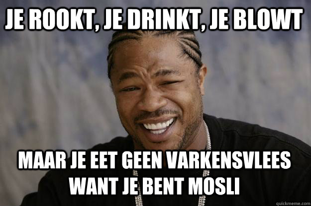 Je rookt, je drinkt, je blowt maar je eet geen varkensvlees want je bent mosli  Xzibit meme