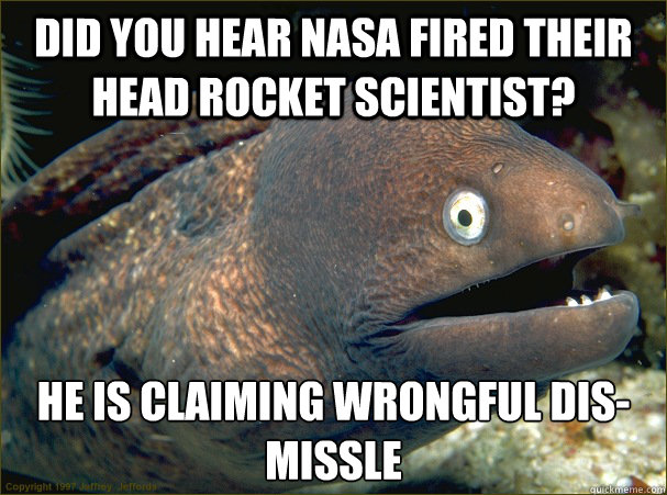 Did you hear NASA fired their head rocket scientist? He is claiming wrongful dis-missle  Bad Joke Eel