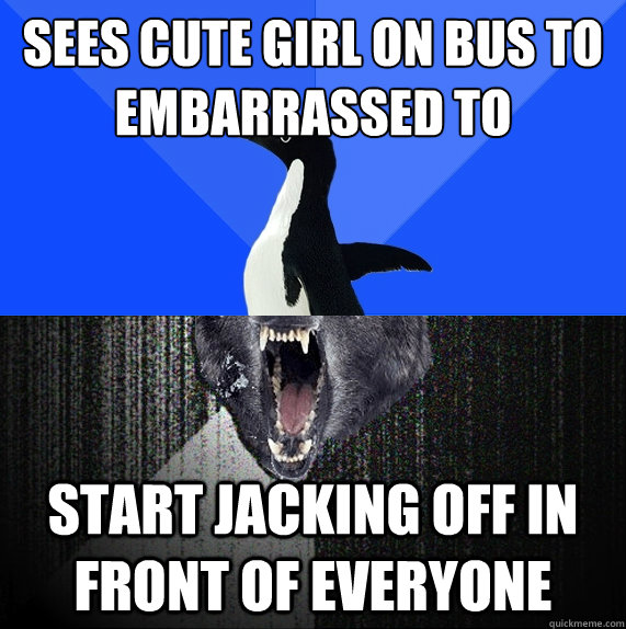 Sees cute girl on bus to embarrassed to start jacking off in front of everyone  Socially Awkward Insanity Wolf