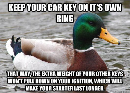 keep your car key on it's own ring that way, the extra weight of your other keys won't pull down on your ignition, which will make your starter last longer. - keep your car key on it's own ring that way, the extra weight of your other keys won't pull down on your ignition, which will make your starter last longer.  Actual Advice Mallard