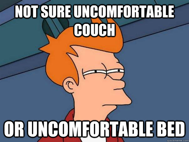 Not sure uncomfortable couch Or uncomfortable bed  Futurama Fry