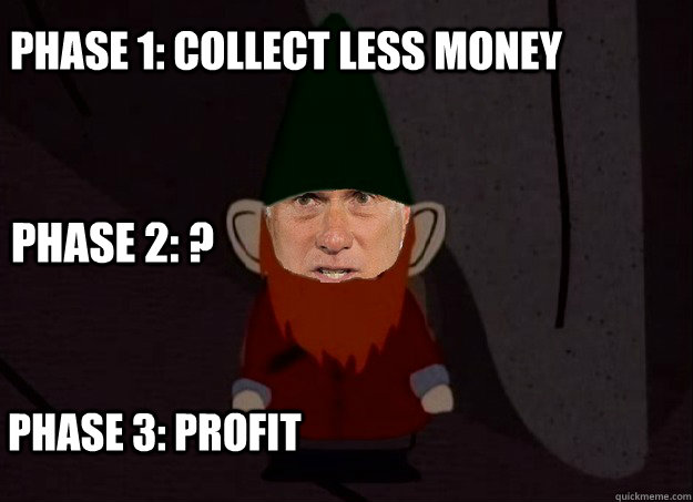 phase 1: Collect less money Phase 3: Profit Phase 2: ? - phase 1: Collect less money Phase 3: Profit Phase 2: ?  Magic Underwear Gnome Romney