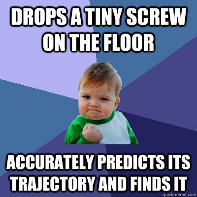 Drops a tiny screw on the floor accurately predicts its trajectory and finds it  Success Kid