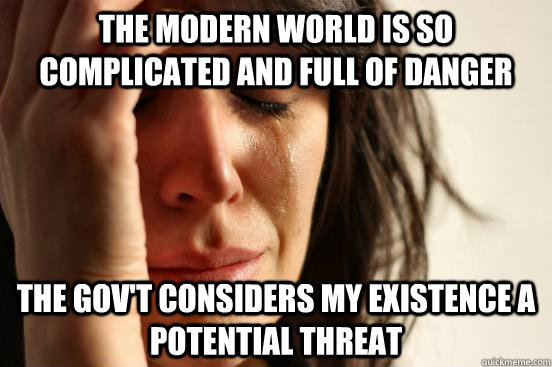 The modern world is so complicated and full of danger  The gov't considers my existence a potential threat  First World Problems