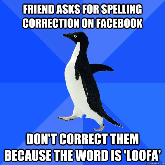 Friend asks for spelling correction on facebook Don't correct them because the word is 'loofa'  Socially Awkward Penguin