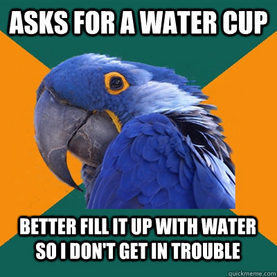 asks for a water cup better fill it up with water  so i don't get in trouble - asks for a water cup better fill it up with water  so i don't get in trouble  Paranoid Parrot