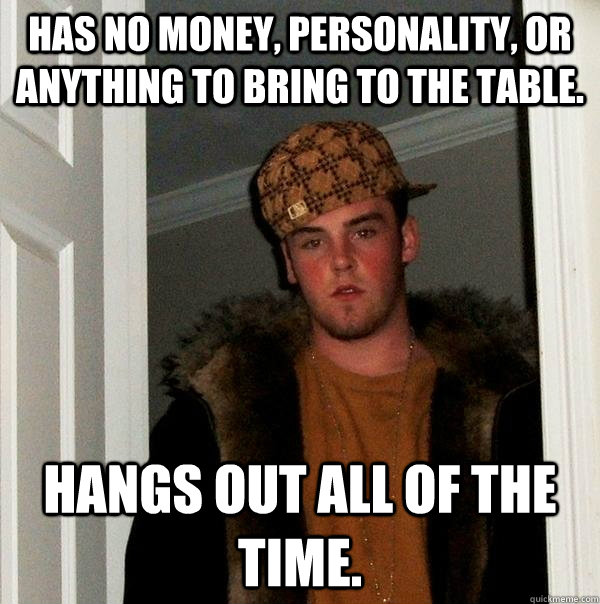 Has no money, personality, or anything to bring to the table. Hangs out all of the time.  Scumbag Steve