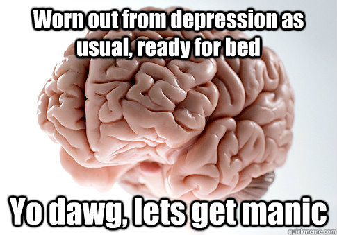 Worn out from depression as usual, ready for bed Yo dawg, lets get manic  Scumbag Brain