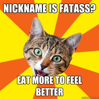 Nickname is fatass? eat more to feel better  Bad Advice Cat