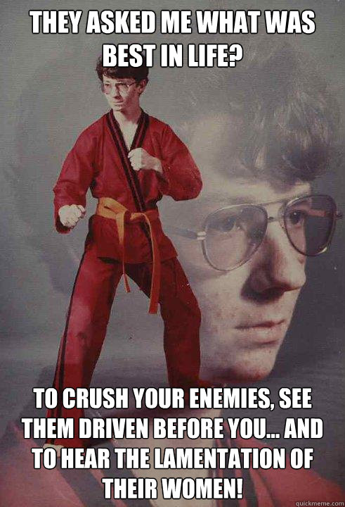 They asked me what was best in life? To crush your enemies, see them driven before you... and to hear the lamentation of their women!  Karate Kyle