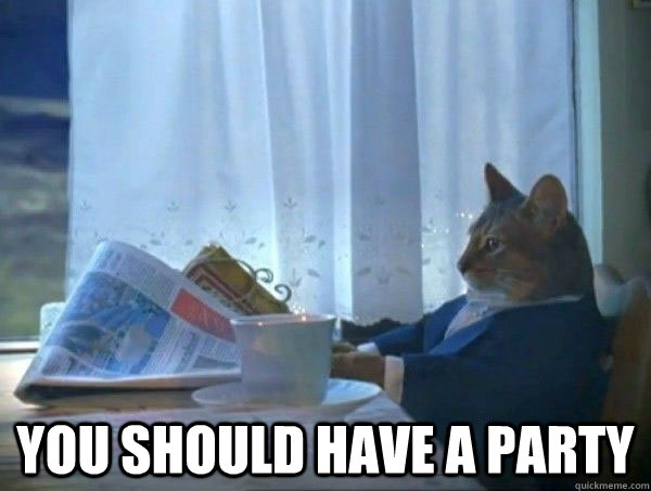  you should have a party  morning realization newspaper cat meme