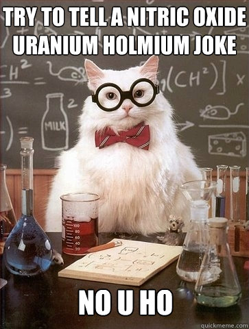 Try to tell a Nitric oxide uranium Holmium joke NO U Ho  Chemistry Cat