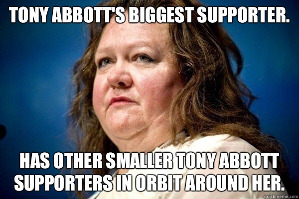 Tony abbott's biggest supporter. Has other smaller tony Abbott supporters in orbit around her.  Spiteful Billionaire