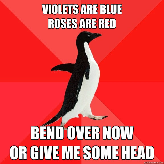 Violets are blue 
roses are red bend over now 
or give me some head  Socially Awesome Penguin