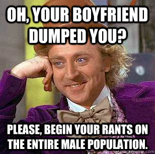 Oh, your boyfriend dumped you? Please, begin your rants on the entire male population. - Oh, your boyfriend dumped you? Please, begin your rants on the entire male population.  Condescending Wonka