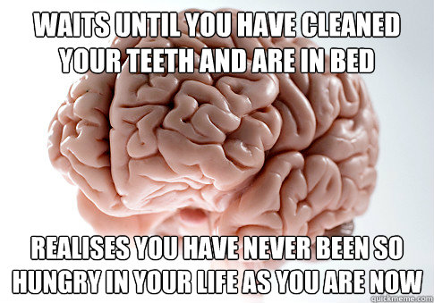 Waits until you have cleaned your teeth and are in bed realises you have never been so hungry in your life as you are now  Scumbag Brain