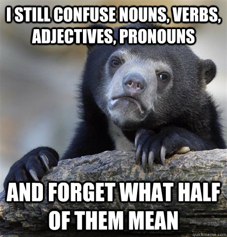 I still confuse nouns, verbs, adjectives, pronouns  and forget what half of them mean  Confession Bear