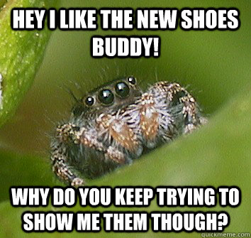 Hey i like the new shoes buddy! why do you keep trying to show me them though?  Misunderstood Spider