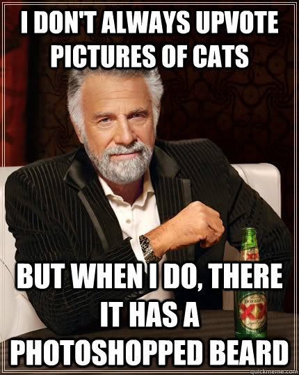 I don't always upvote pictures of cats but when I do, there it has a photoshopped beard  The Most Interesting Man In The World