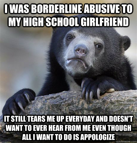 I was borderline abusive to my high school girlfriend it still tears me up everyday and doesn't want to ever hear from me even though all i want to do is appologize  Confession Bear