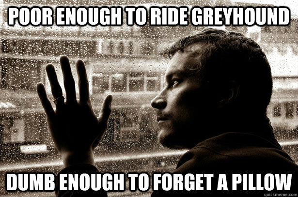 Poor enough to ride greyhound Dumb enough to forget a pillow  Over-Educated Problems