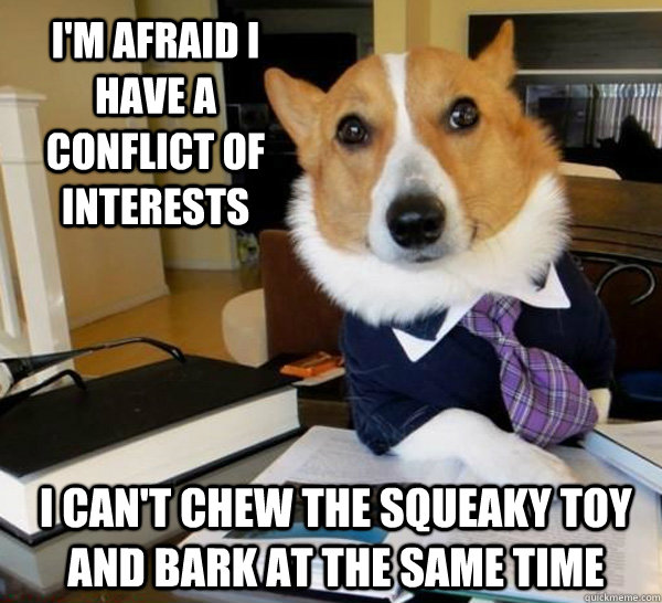 I'm afraid I have a conflict of interests I can't chew the squeaky toy and bark at the same time  Lawyer Dog