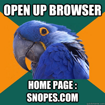 OPEN UP BROWSER  HOME PAGE : SNOPES.COM - OPEN UP BROWSER  HOME PAGE : SNOPES.COM  Paranoid Parrot