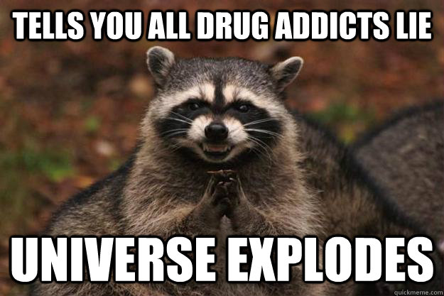 Tells you all drug addicts lie Universe explodes  - Tells you all drug addicts lie Universe explodes   Evil Plotting Raccoon