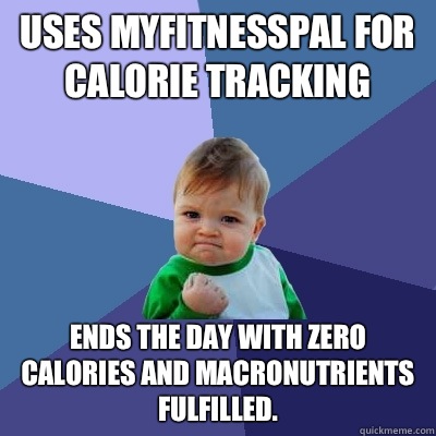 Uses MyFitnessPal for calorie tracking Ends the day with zero calories and macronutrients fulfilled. - Uses MyFitnessPal for calorie tracking Ends the day with zero calories and macronutrients fulfilled.  Success Kid