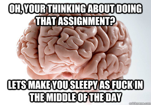 Oh, your thinking about doing that assignment? Lets make you sleepy as fuck in the middle of the day  Scumbag Brain