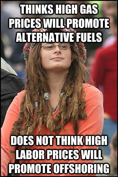 thinks high gas prices will promote alternative fuels does not think high labor prices will promote offshoring  College Liberal