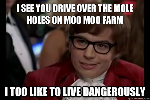 I see you drive over the mole
holes on Moo Moo Farm I too like to live dangerously  Dangerously - Austin Powers