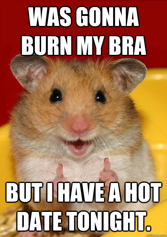 Was gonna burn my bra But I have a hot date tonight.   Rationalization Hamster