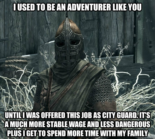 I used to be an adventurer like you until i was offered this job as city guard. it's a much more stable wage and less dangerous plus i get to spend more time with my family  Skyrim Guard