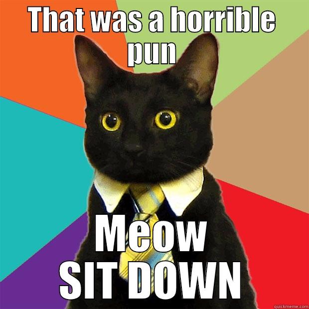 Sit down - THAT WAS A HORRIBLE PUN MEOW SIT DOWN Business Cat