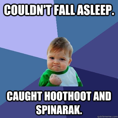 Couldn't fall asleep. Caught Hoothoot and Spinarak.  Success Kid