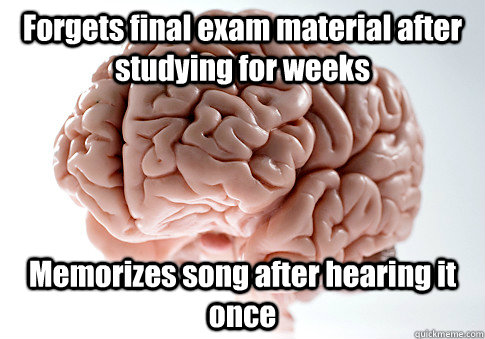 Forgets final exam material after studying for weeks Memorizes song after hearing it once   Scumbag Brain