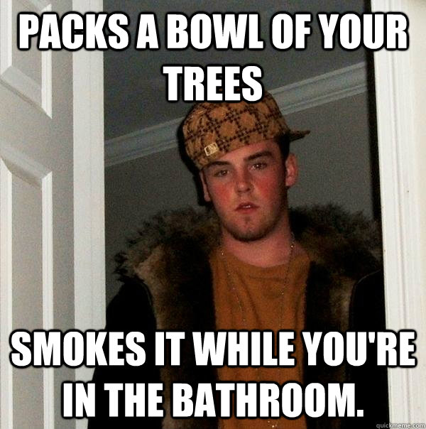 Packs a bowl of your trees smokes it while you're in the bathroom. - Packs a bowl of your trees smokes it while you're in the bathroom.  Scumbag Steve