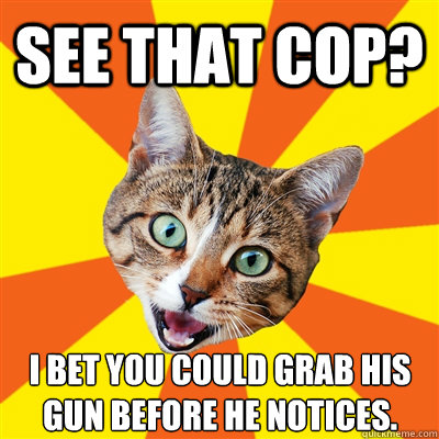 See that cop? I bet you could grab his gun before he notices.  Bad Advice Cat