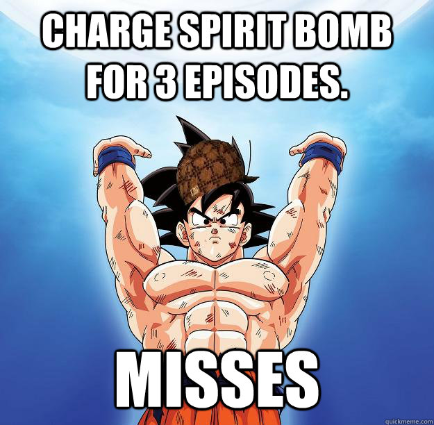 Charge spirit bomb for 3 episodes. misses  Scumbag Goku