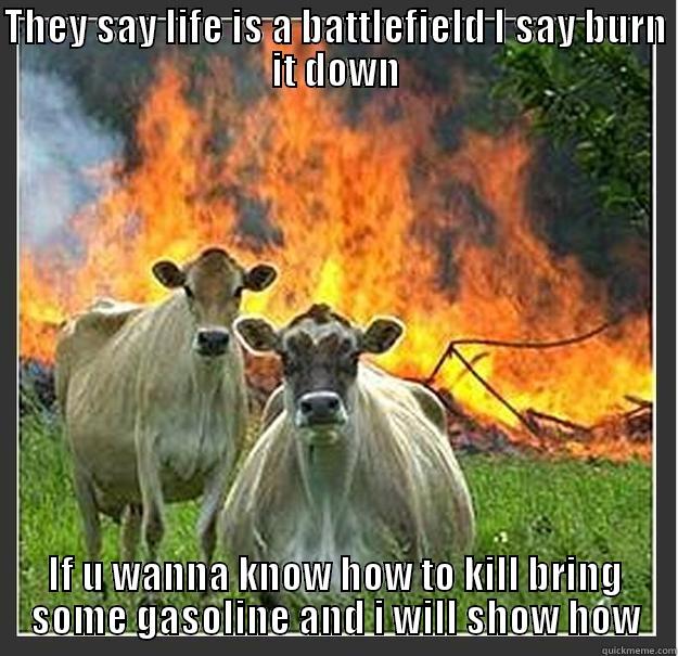 THEY SAY LIFE IS A BATTLEFIELD I SAY BURN IT DOWN IF U WANNA KNOW HOW TO KILL BRING SOME GASOLINE AND I WILL SHOW HOW Evil cows