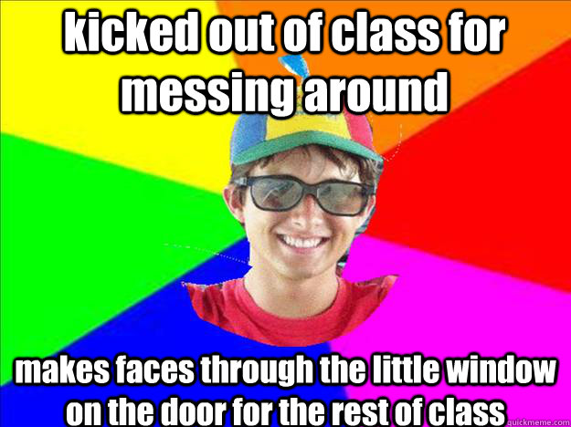 kicked out of class for messing around makes faces through the little window on the door for the rest of class - kicked out of class for messing around makes faces through the little window on the door for the rest of class  Quirky Kid Conrad