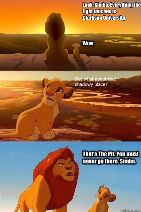 Look, Simba. Everything the light touches is 
Clarkson University Wow. That's The Pit. You must never go there, Simba.   Lion King Shadowy Place