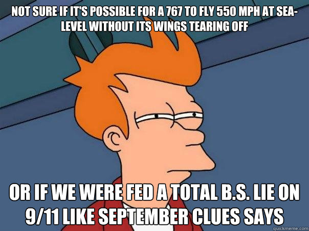 Not sure if it's possible for a 767 to fly 550 MPH at sea-level without its wings tearing off Or if we were fed a total B.S. lie on 9/11 like september clues says  Futurama Fry