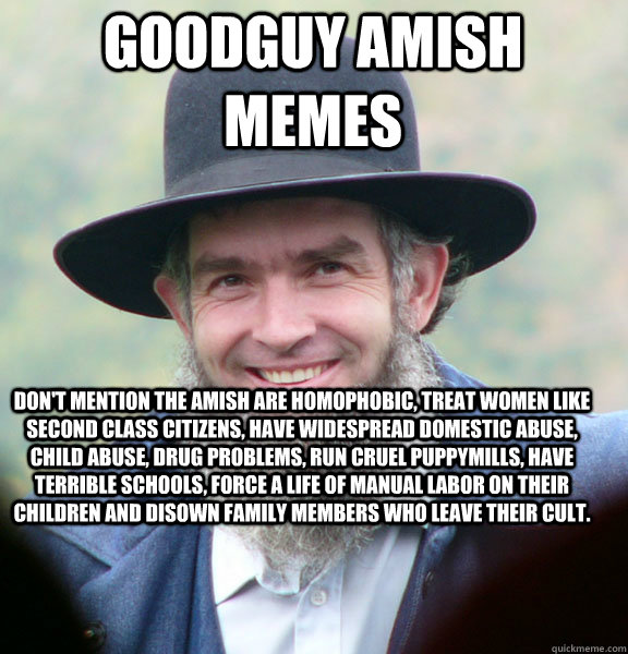 GoodGuy Amish Memes Don't mention the Amish are homophobic, treat women like second class citizens, have widespread domestic abuse, child abuse, drug problems, run cruel puppymills, have terrible schools, force a life of manual labor on their children and  Good Guy Amish