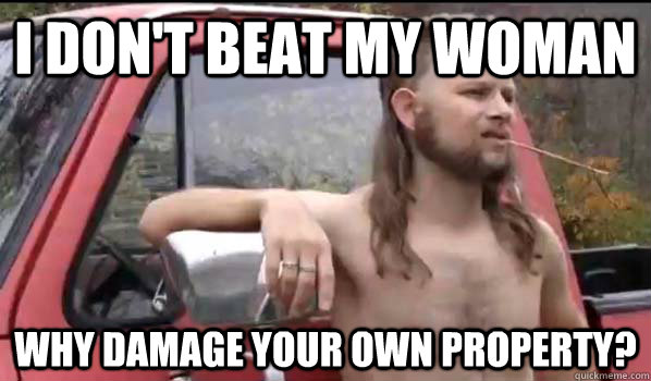 I don't beat my woman why damage your own property?  Almost Politically Correct Redneck