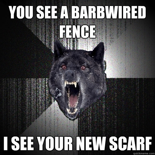 You see a bARBWIRED fence  I see your new SCARF  Insanity Wolf