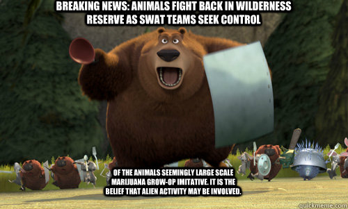 Breaking news: animals fight back in wilderness reserve as swat teams seek control  of the animals seemingly large scale marijuana grow-op imitative. It is the belief that Alien activity may be involved.   - Breaking news: animals fight back in wilderness reserve as swat teams seek control  of the animals seemingly large scale marijuana grow-op imitative. It is the belief that Alien activity may be involved.    Calum Hanawalt